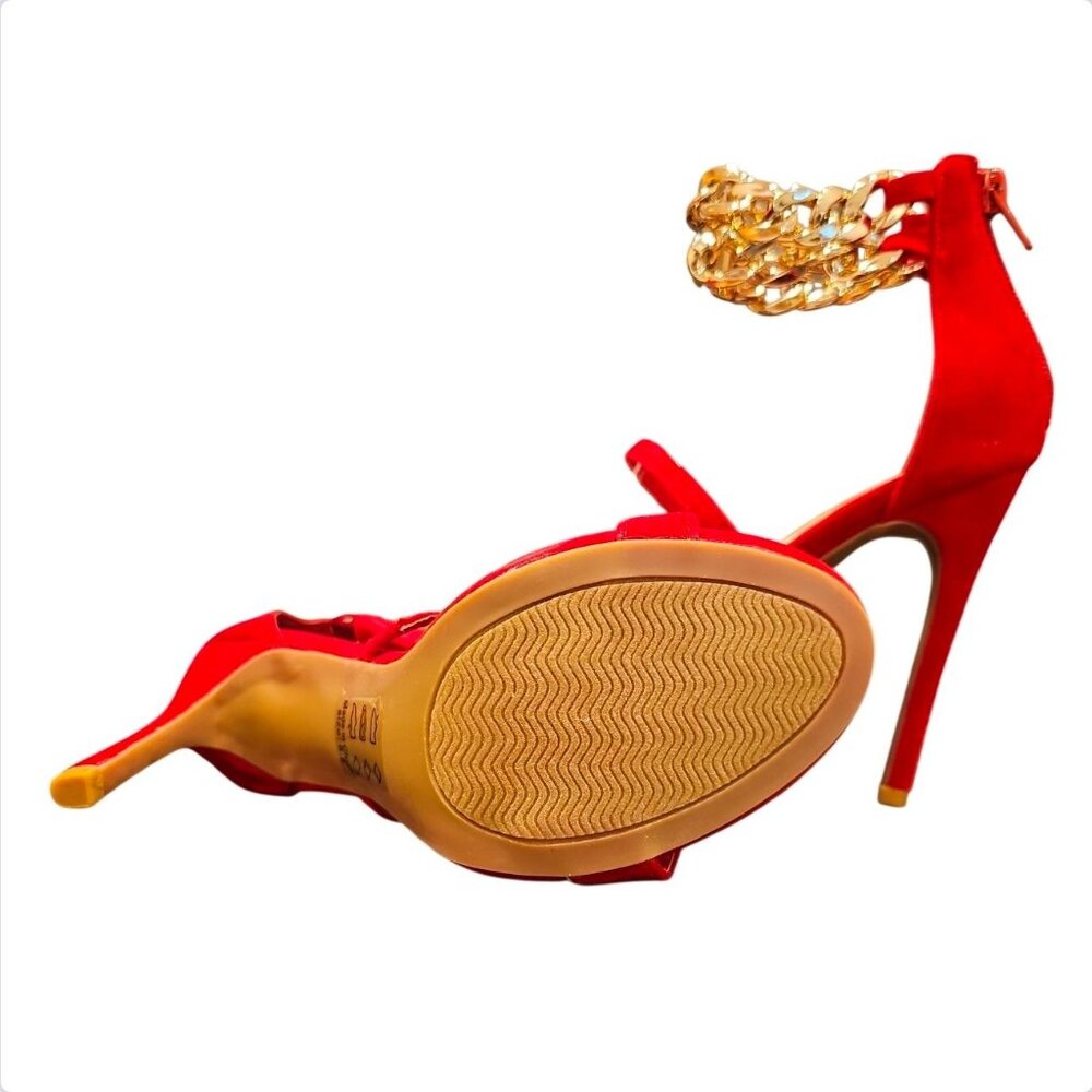 Red High Heel Sandals With Gold Chain Ankle Strap - Picture 9 of 10